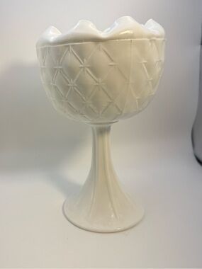 Vintage Milk Glass Compote Candy Pedestal Dish Quilted Duette Pattern 9” Cottage